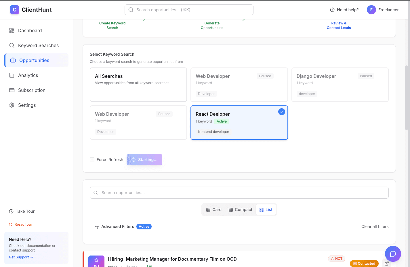 Generate opportunities button and keyword search selector