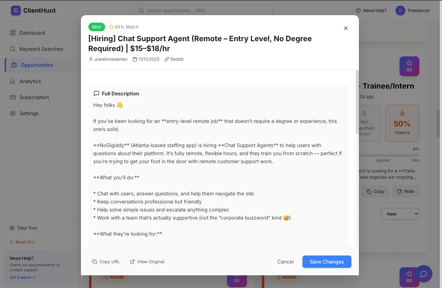 Opportunity detail modal