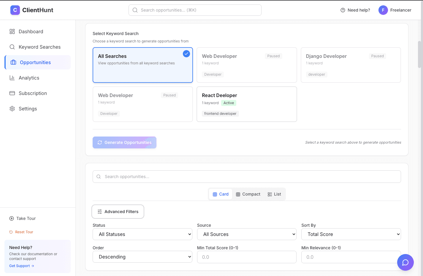 Filter controls and search bar