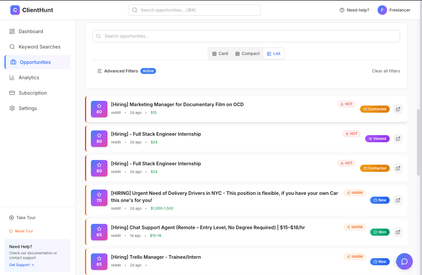 Opportunities list view