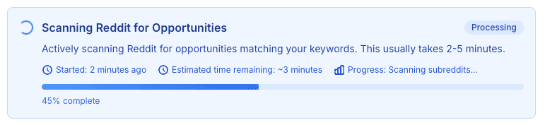 Processing banner with time estimates