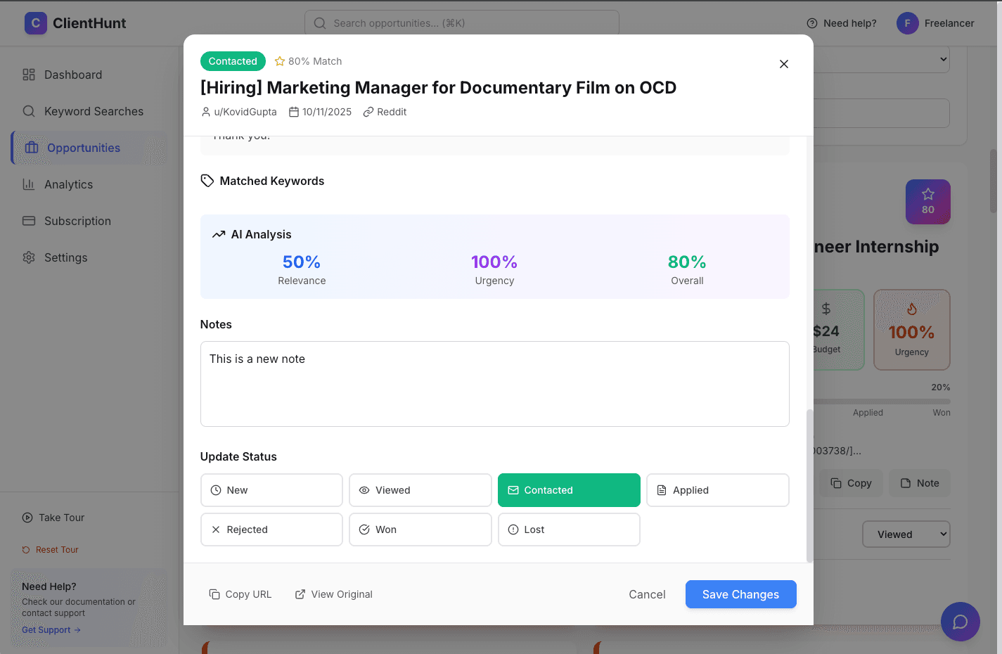 Status update dropdown in opportunity modal