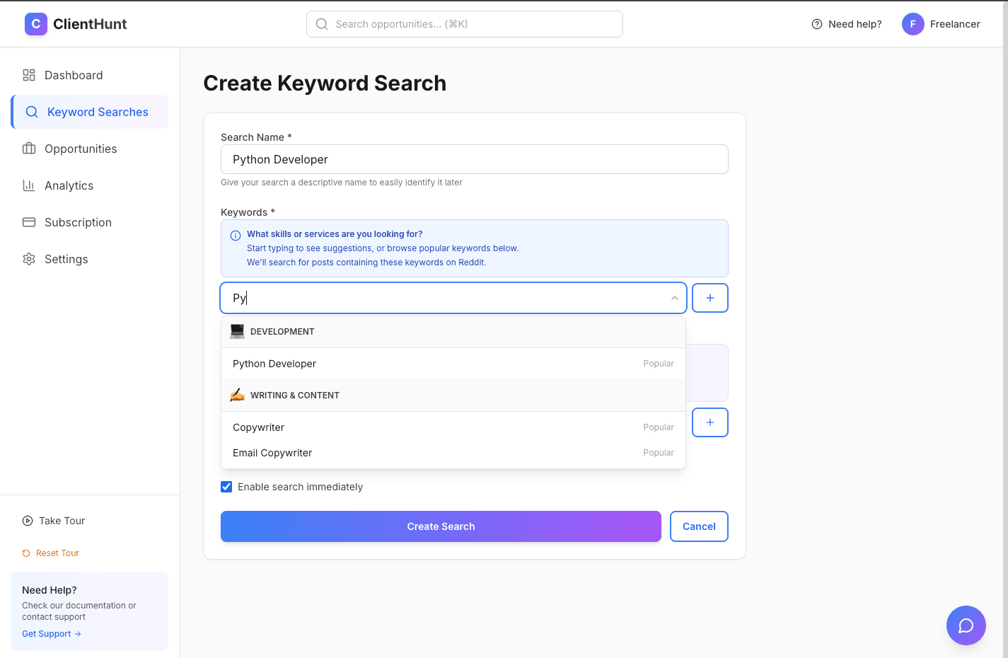 Auto-complete dropdown showing keyword suggestions