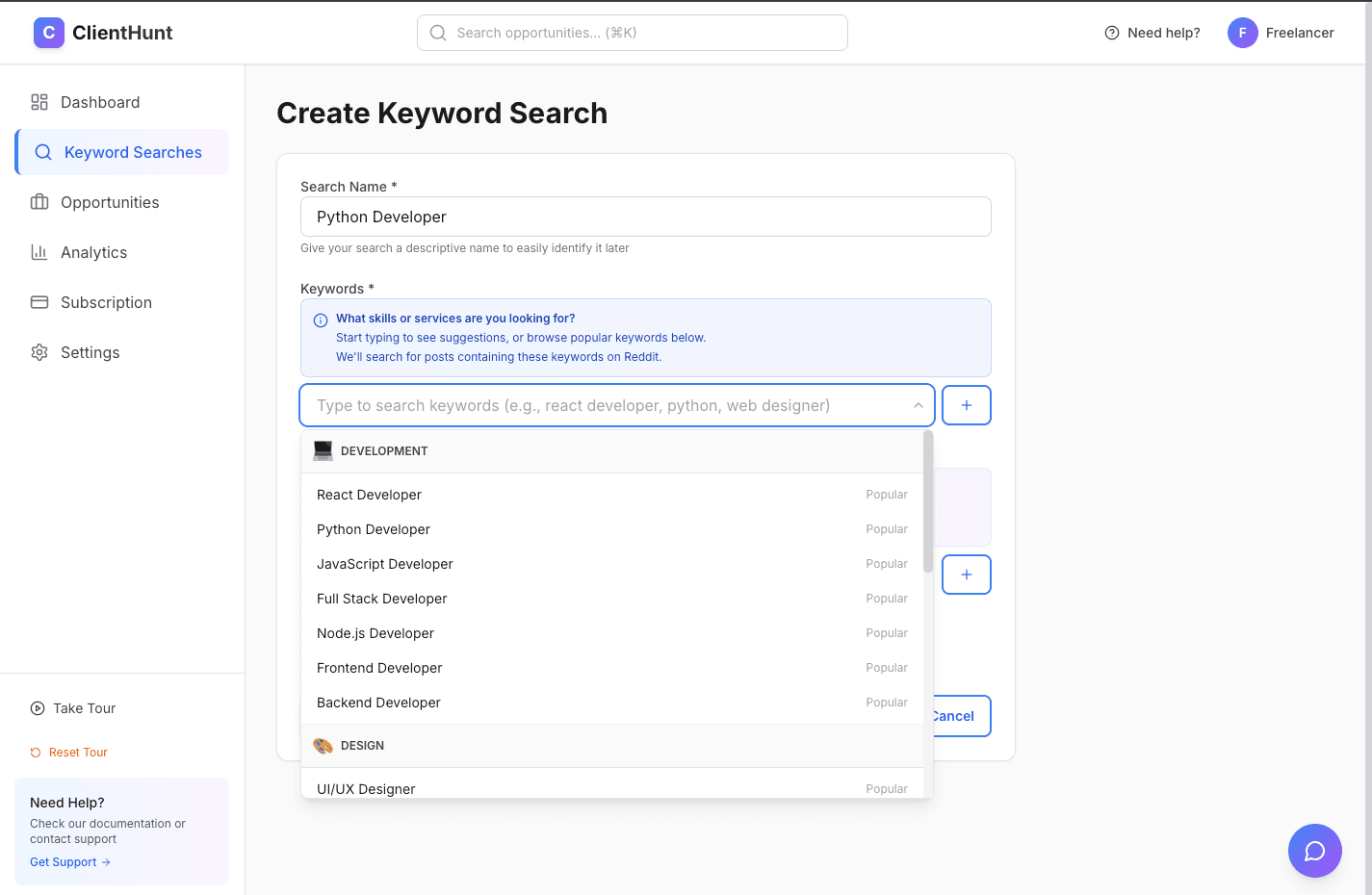 Keyword search creation form with auto-complete