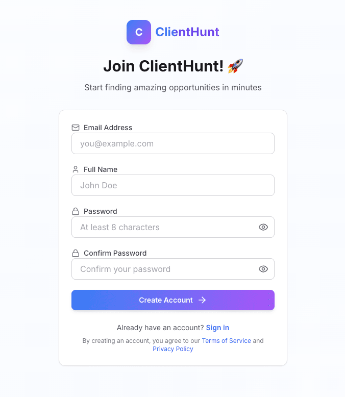 ClientHunt registration page